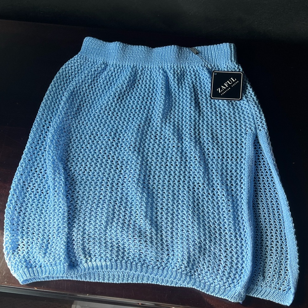 Zaful Sky Blue Knit Mini Skirt w/ Slit